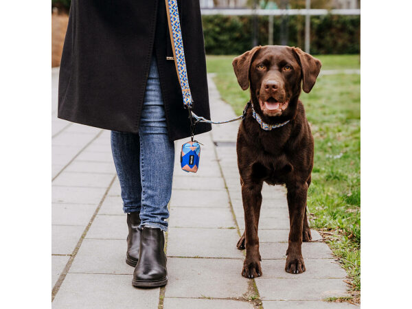 Hund mit Mensch an der Leine Kunterbunt Mocca Blau mit Kotbeutelspender