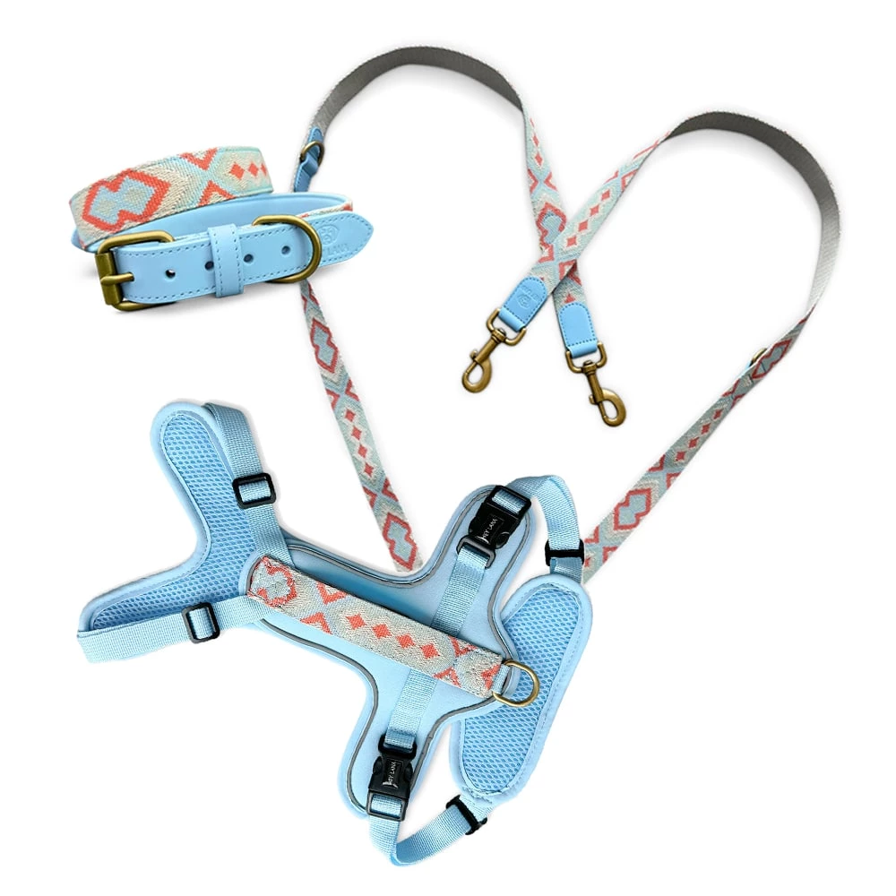 Set-Tres-Chic-Geschirr-Halsband-und-Leine-Coral Set Coral Blau mit Halsband Leine und Geschirr