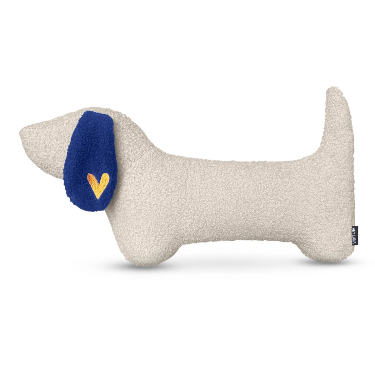 Boucle dog cushion with blue ear and orange heart