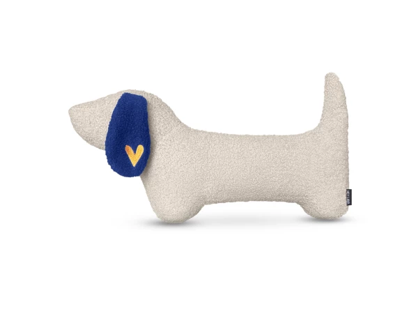 Boucle dog cushion with blue ear and orange heart