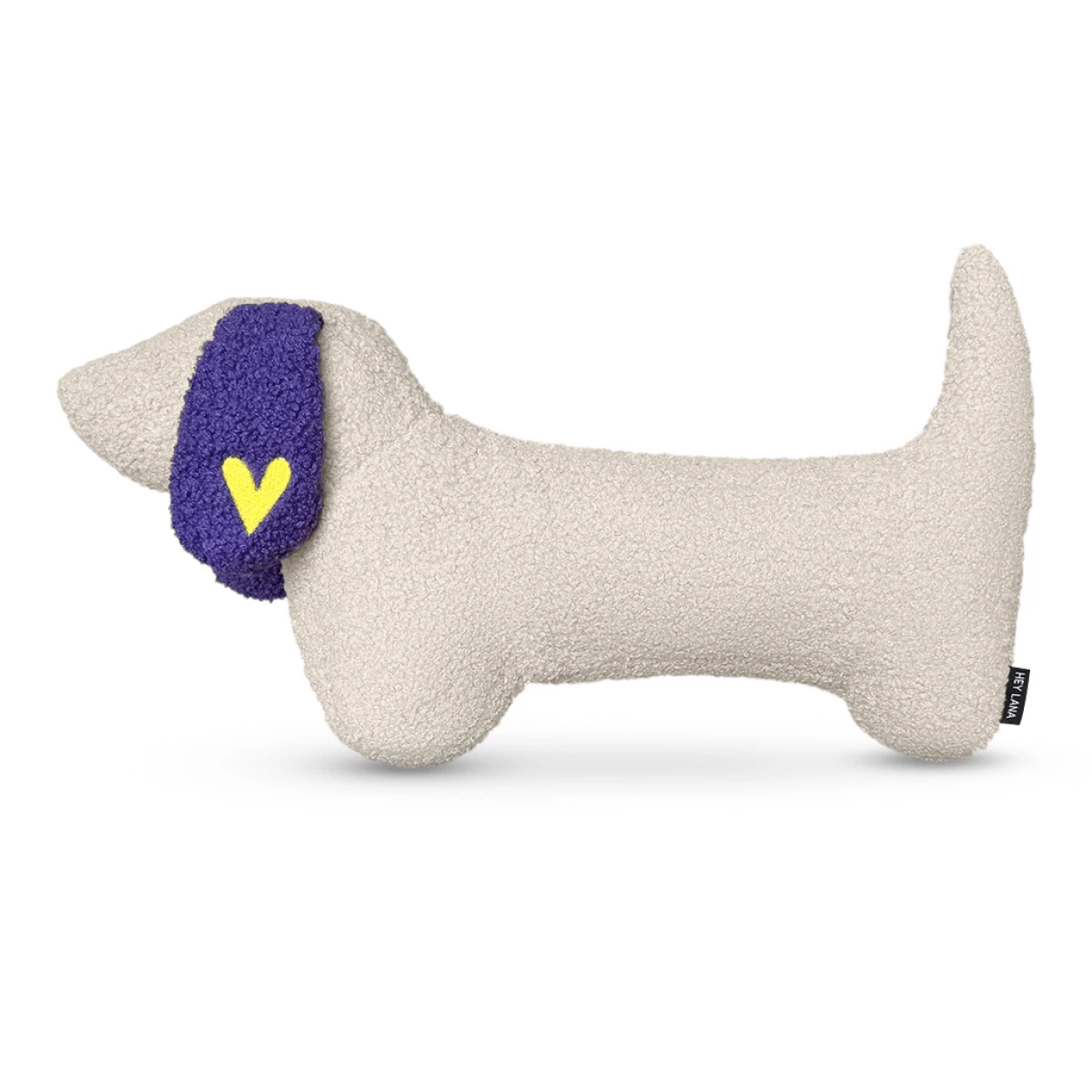 Boucle dog cushion with purple ear and yellow heart