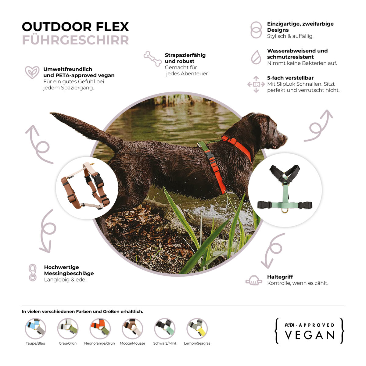 Lead harness - Outdoor FLEX - 5-way adjustable with handle - Mocca/Mousse - Image 8
