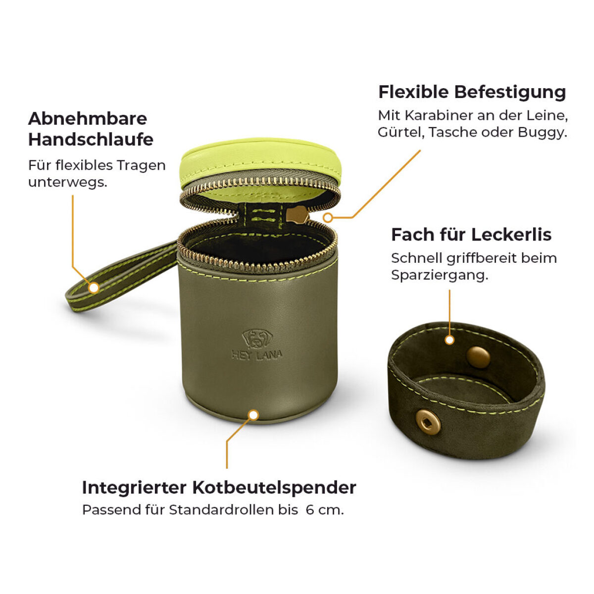 Walk Pouch 2 in 1 – Leckerlibeutel & Kotbeutelspender Oliv/Neongelb – Bild 3