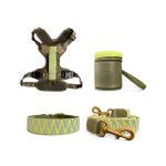 Très chic collection - Dog collar, lead, harness and Walk Pouch set - olive green/neon yellow