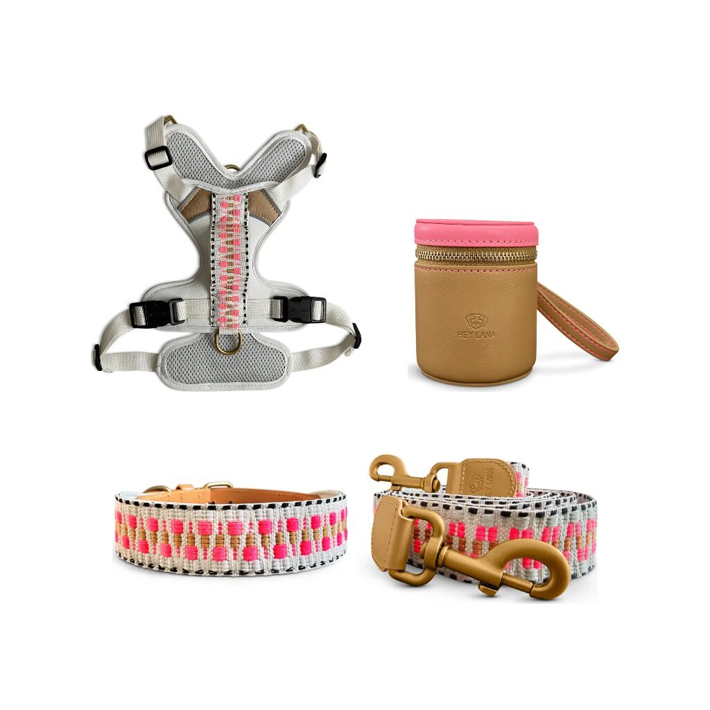 Tres-Chic-Set-Leine-Halsband-Geschirr-Walk-Pouch-pink Kollektion Très chic – Set Hundehalsband, Leine, Geschirr und Walk Pouch – Pink/Beige – Bild 1