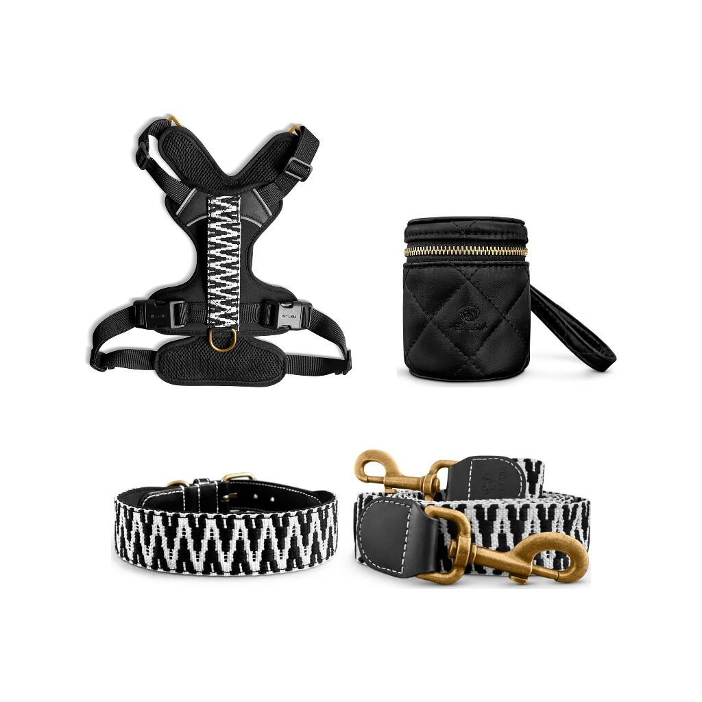 Tres-Chic-Set-Leine-Halsband-Geschirr-Walk-Pouch-schwarz Très chic collection - Dog collar, lead, harness and Walk Pouch set - black/white - Image 1