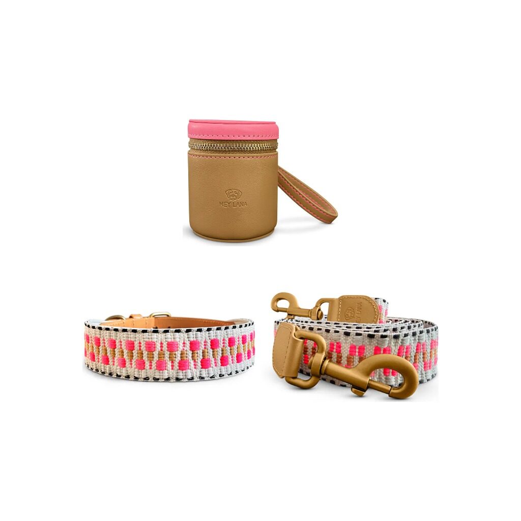 Tres-Chic-Set-Leine-Halsband-Walk-Pouch-pink Très chic collection - Dog collar, lead and Walk Pouch set - Pink/beige - Image 1